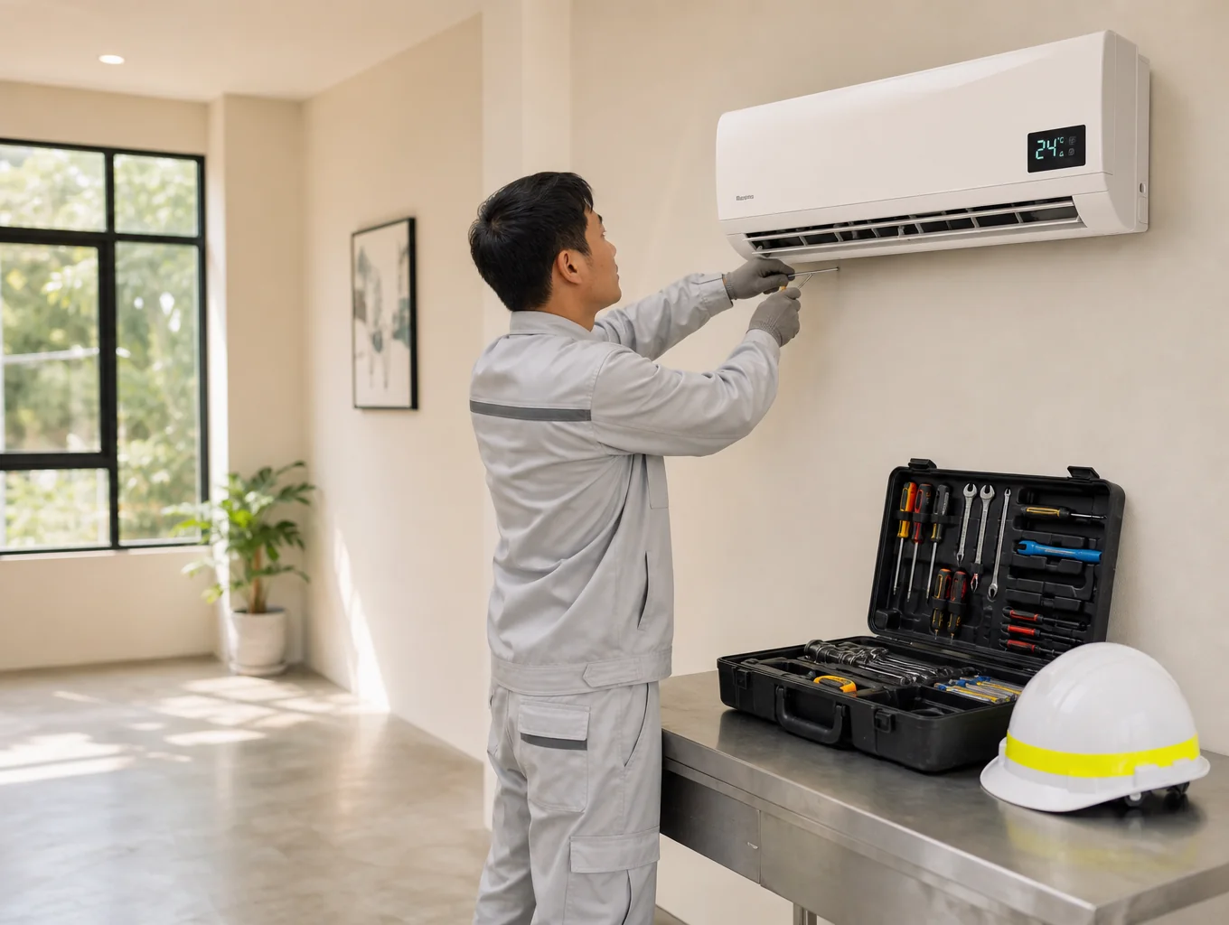Technician carrying out air conditioning and property maintenance