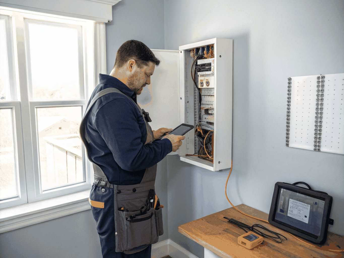 On-site property technician verifying breaker panel and utility systems during a routine check